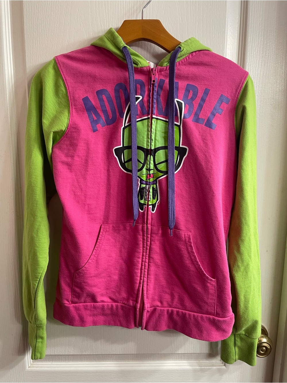 Invader Zim Gir "Adorkable" Pink Green Zip Up Hoodie Scene Y2K 2000s Emo Vtg